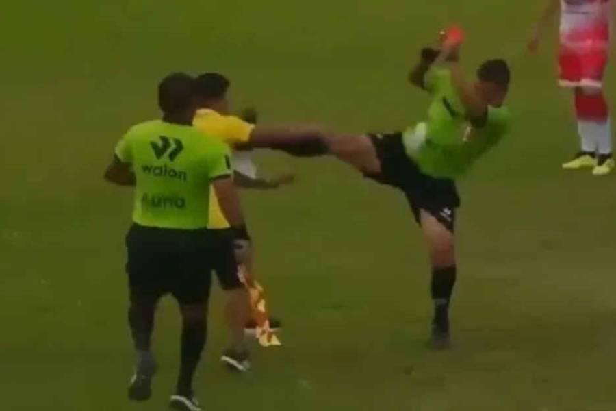Video impactante: un árbitro evitó ser agredido por un DT con una patada voladora